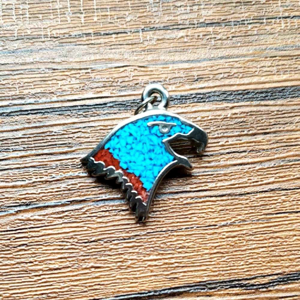 Vintage Navajo Eagle Head Pendant with Turquoise & Red Coral Inlay